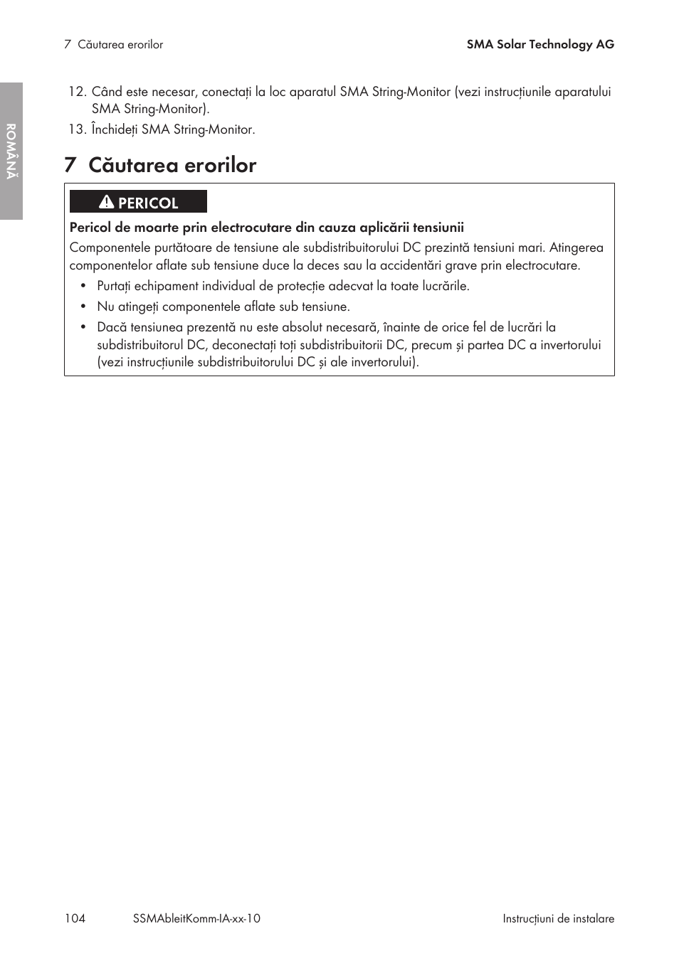 7 căutarea erorilor, Căutarea erorilor | SMA String-Monitors Ethernet overvoltage protection set User Manual | Page 104 / 134