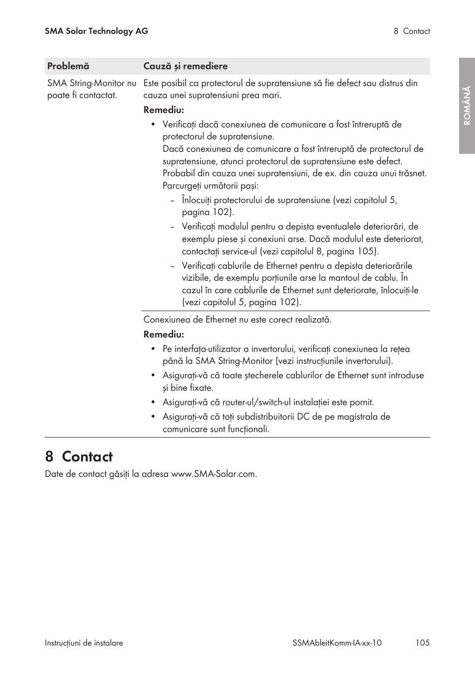 8 contact, Contact | SMA String-Monitors Ethernet overvoltage protection set User Manual | Page 105 / 134