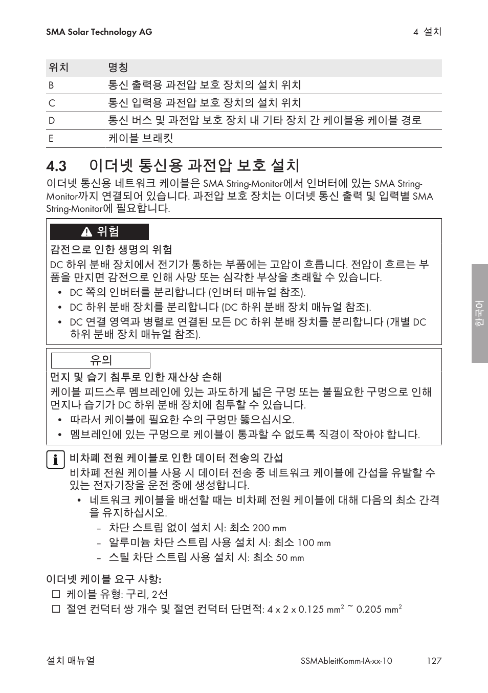 3 이더넷 통신용 과전압 보호 설치, 이더넷 통신용 과전압 보호 설치 | SMA String-Monitors Ethernet overvoltage protection set User Manual | Page 127 / 134