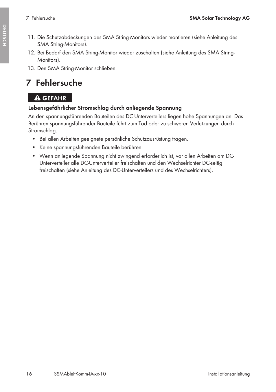 7 fehlersuche, Fehlersuche | SMA String-Monitors Ethernet overvoltage protection set User Manual | Page 16 / 134