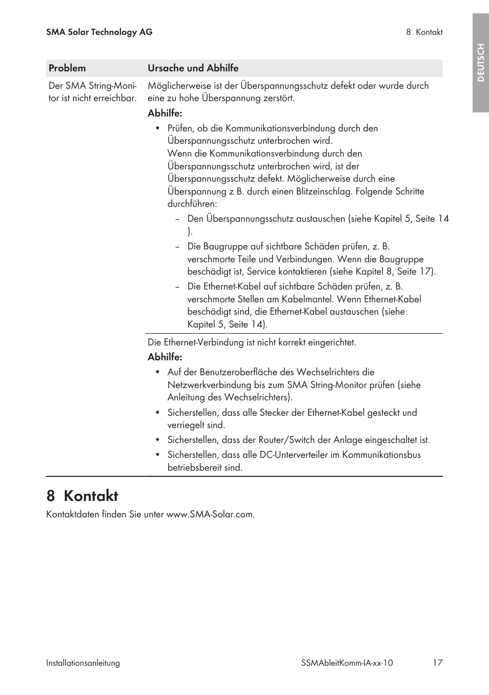 8 kontakt, Kontakt | SMA String-Monitors Ethernet overvoltage protection set User Manual | Page 17 / 134