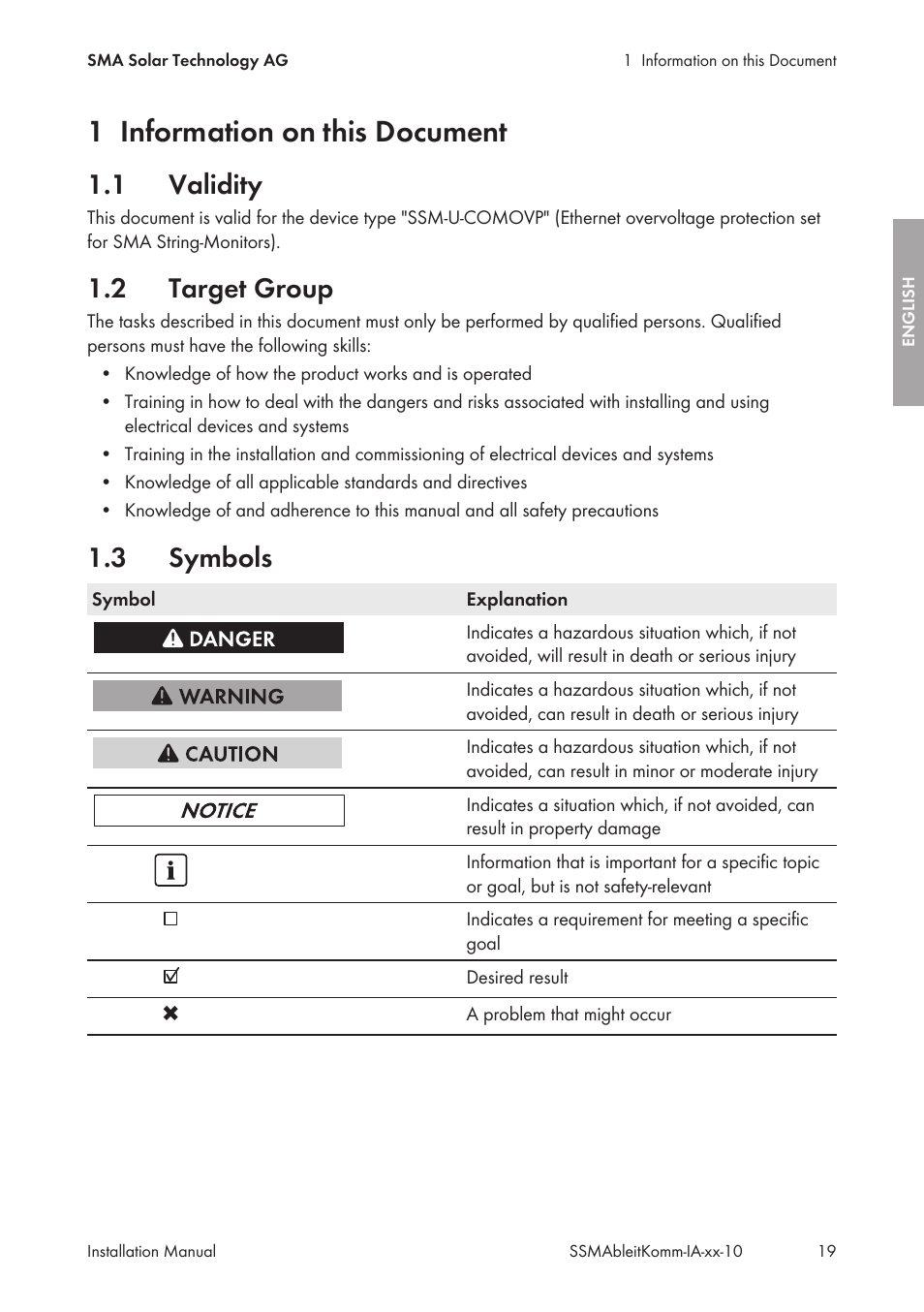 1 information on this document, 1 validity, 2 target group | 3 symbols, Information on this document, Validity, Target group, Symbols | SMA String-Monitors Ethernet overvoltage protection set User Manual | Page 19 / 134