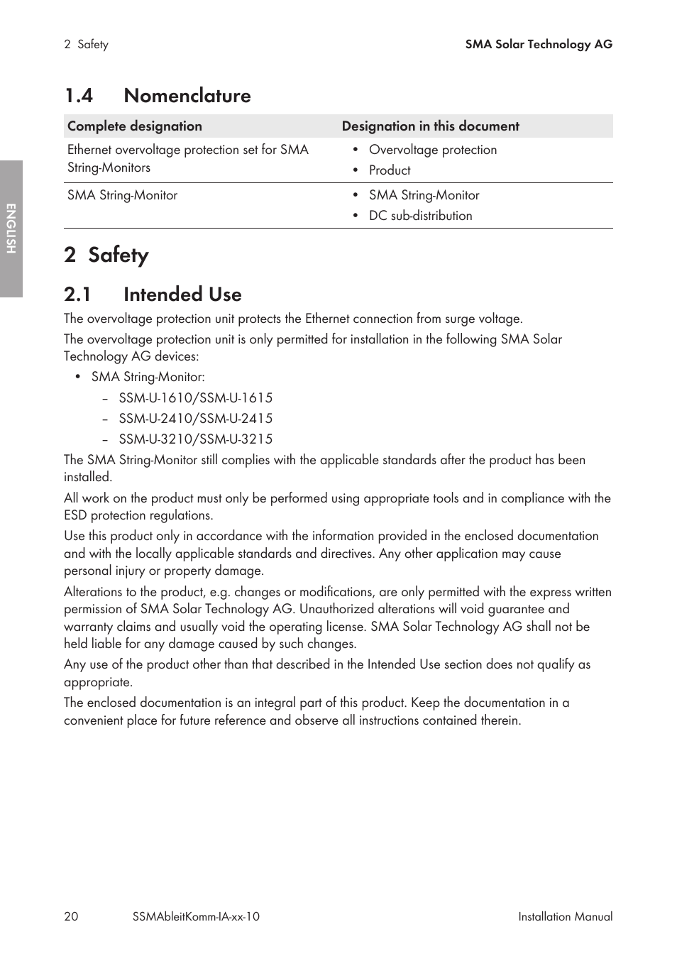 4 nomenclature, 2 safety, 1 intended use | Nomenclature, Safety, Intended use | SMA String-Monitors Ethernet overvoltage protection set User Manual | Page 20 / 134