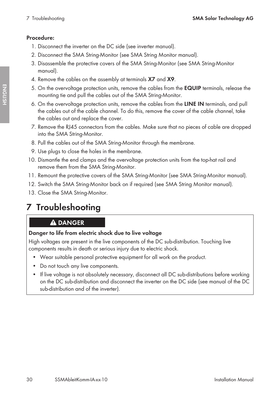 7 troubleshooting, Troubleshooting | SMA String-Monitors Ethernet overvoltage protection set User Manual | Page 30 / 134