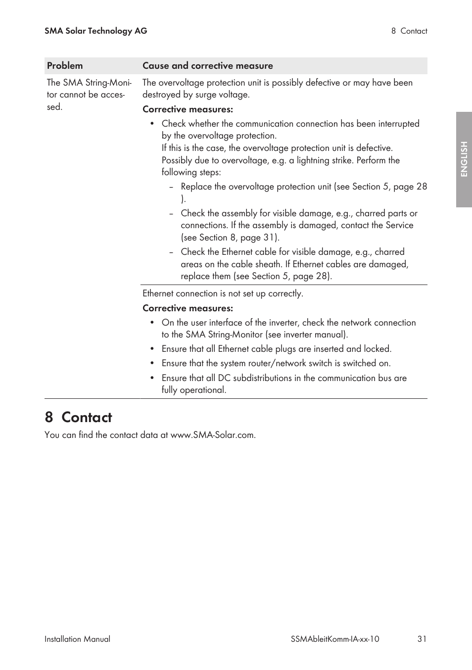 8 contact, Contact | SMA String-Monitors Ethernet overvoltage protection set User Manual | Page 31 / 134