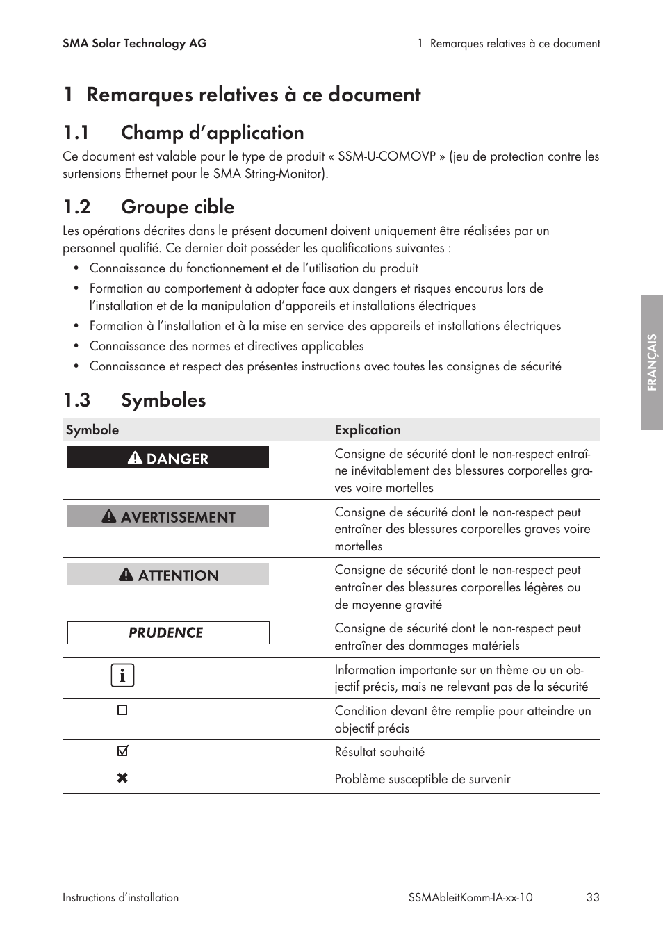 1 remarques relatives à ce document, 1 champ d’application, 2 groupe cible | 3 symboles, Remarques relatives à ce document, Champ d’application, Groupe cible, Symboles | SMA String-Monitors Ethernet overvoltage protection set User Manual | Page 33 / 134