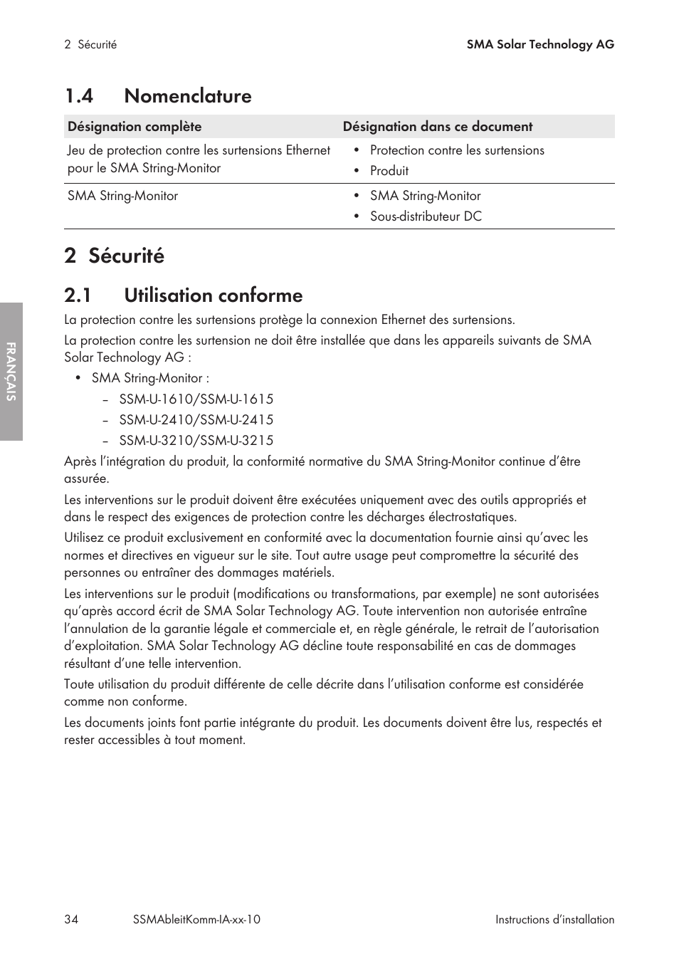 4 nomenclature, 2 sécurité, 1 utilisation conforme | Nomenclature, Sécurité, Utilisation conforme | SMA String-Monitors Ethernet overvoltage protection set User Manual | Page 34 / 134