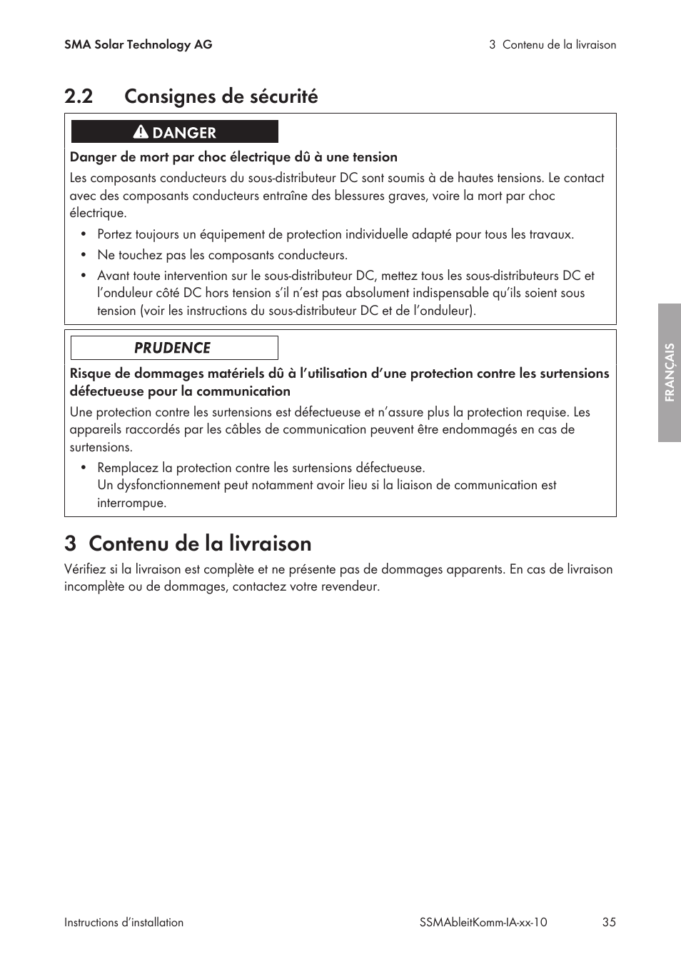 2 consignes de sécurité, 3 contenu de la livraison, Consignes de sécurité | Contenu de la livraison | SMA String-Monitors Ethernet overvoltage protection set User Manual | Page 35 / 134