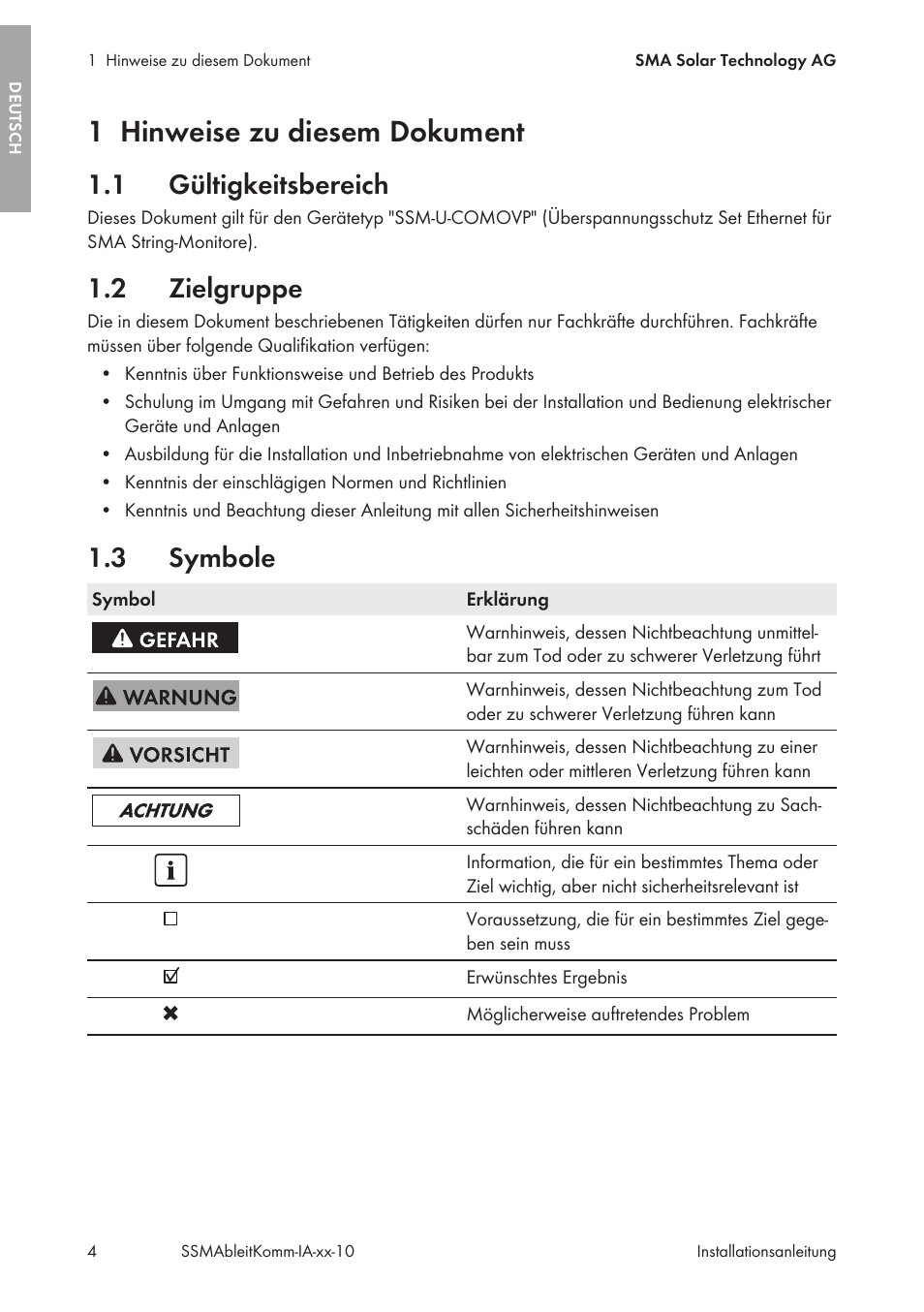 1 hinweise zu diesem dokument, 1 gültigkeitsbereich, 2 zielgruppe | 3 symbole, Hinweise zu diesem dokument, Gültigkeitsbereich, Zielgruppe, Symbole | SMA String-Monitors Ethernet overvoltage protection set User Manual | Page 4 / 134