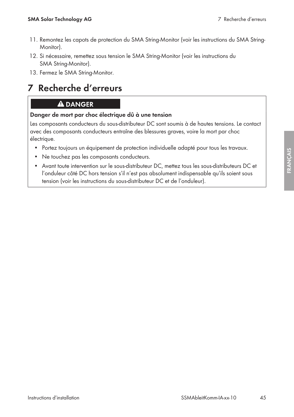 7 recherche d’erreurs, Recherche d’erreurs | SMA String-Monitors Ethernet overvoltage protection set User Manual | Page 45 / 134