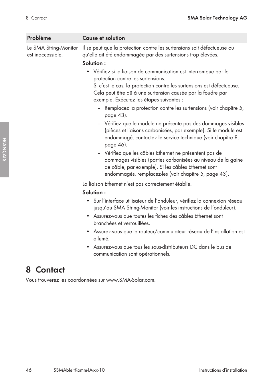 8 contact, Contact | SMA String-Monitors Ethernet overvoltage protection set User Manual | Page 46 / 134