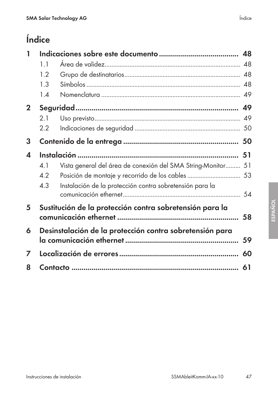 Índice | SMA String-Monitors Ethernet overvoltage protection set User Manual | Page 47 / 134