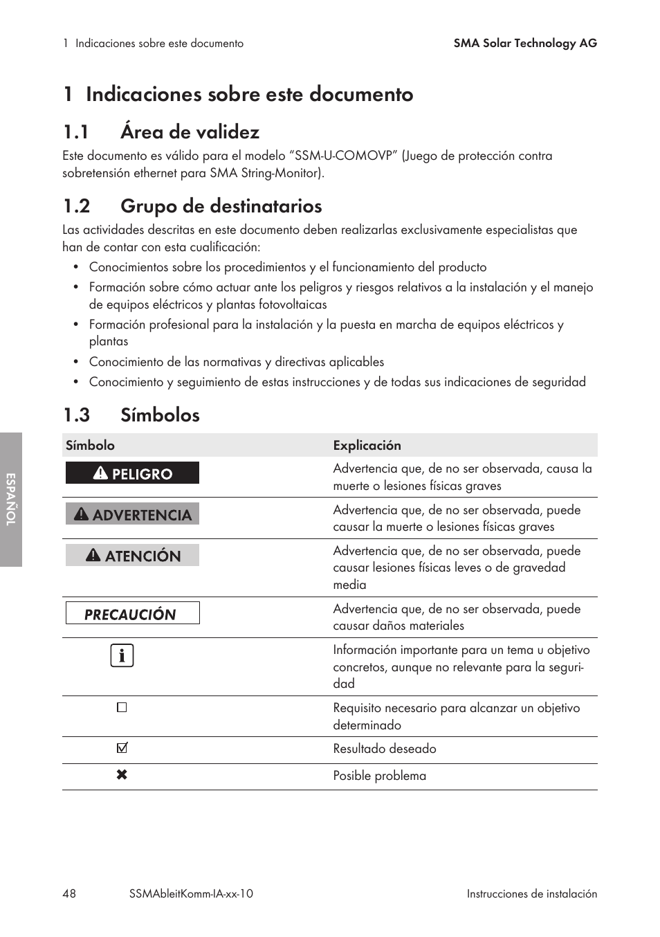 1 indicaciones sobre este documento, 1 área de validez, 2 grupo de destinatarios | 3 símbolos, Indicaciones sobre este documento, Área de validez, Grupo de destinatarios, Símbolos | SMA String-Monitors Ethernet overvoltage protection set User Manual | Page 48 / 134