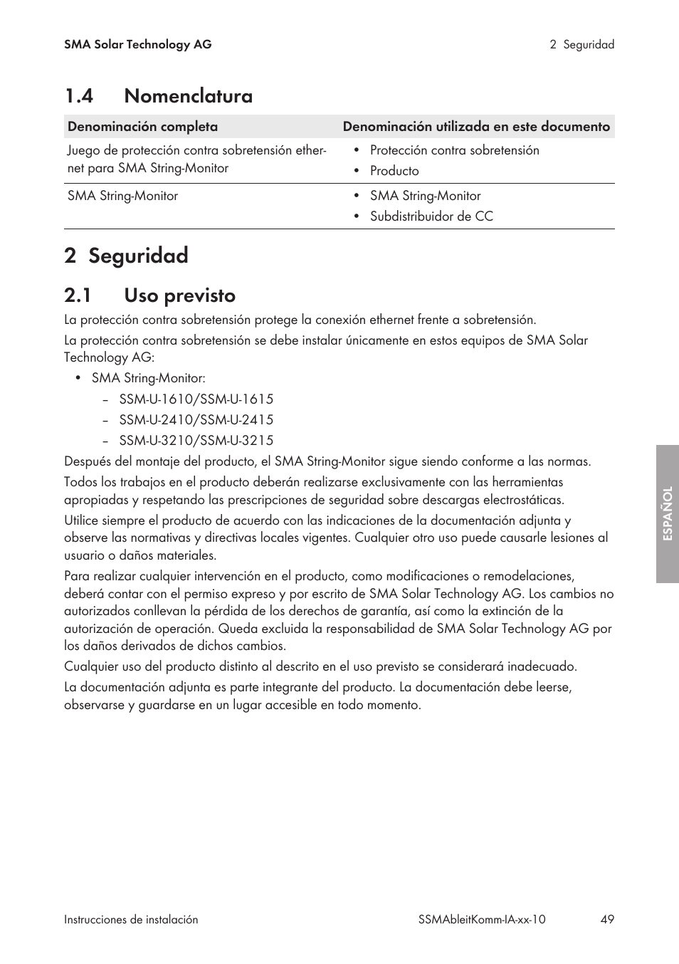 4 nomenclatura, 2 seguridad, 1 uso previsto | Nomenclatura, Seguridad, Uso previsto | SMA String-Monitors Ethernet overvoltage protection set User Manual | Page 49 / 134