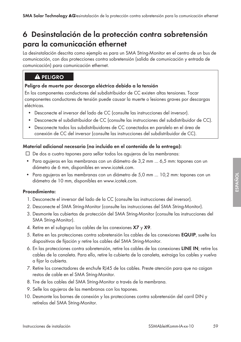 SMA String-Monitors Ethernet overvoltage protection set User Manual | Page 59 / 134