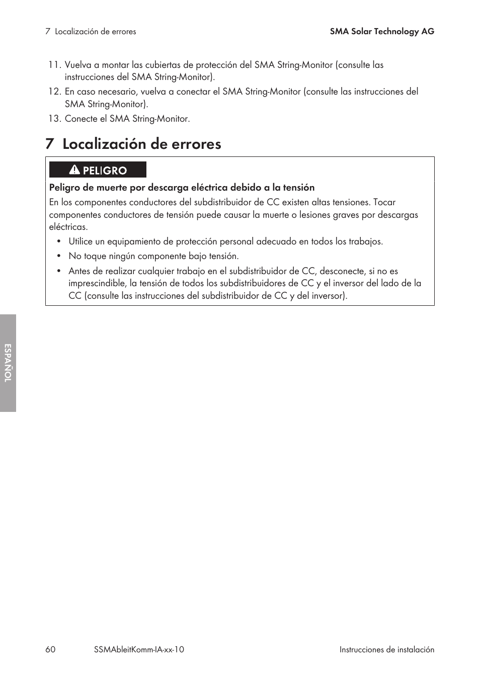 7 localización de errores, Localización de errores | SMA String-Monitors Ethernet overvoltage protection set User Manual | Page 60 / 134