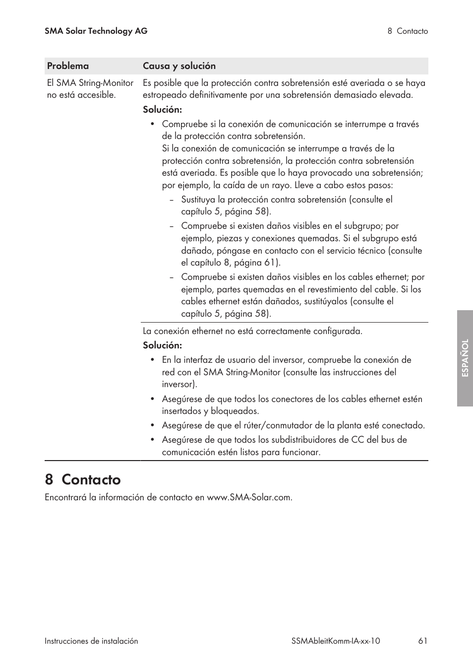 8 contacto, Contacto | SMA String-Monitors Ethernet overvoltage protection set User Manual | Page 61 / 134