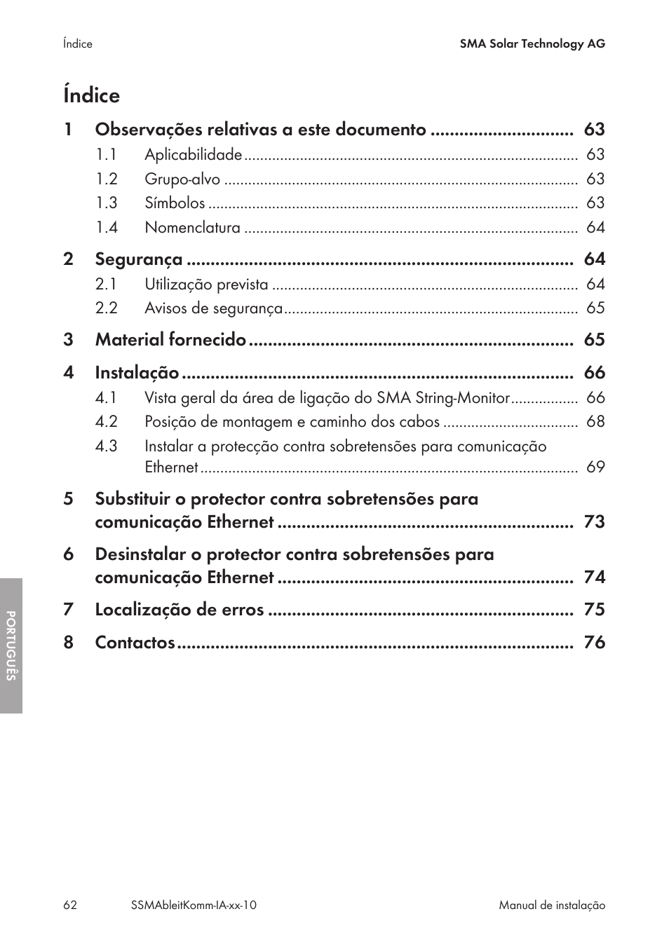 Índice | SMA String-Monitors Ethernet overvoltage protection set User Manual | Page 62 / 134