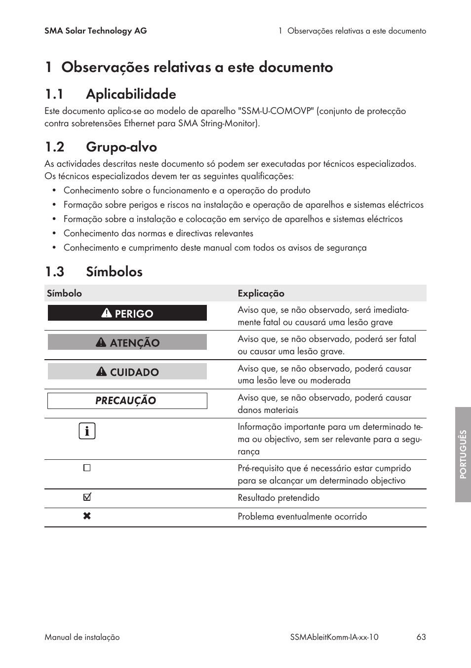 1 observações relativas a este documento, 1 aplicabilidade, 2 grupo-alvo | 3 símbolos, Observações relativas a este documento, Aplicabilidade, Grupo-alvo, Símbolos | SMA String-Monitors Ethernet overvoltage protection set User Manual | Page 63 / 134