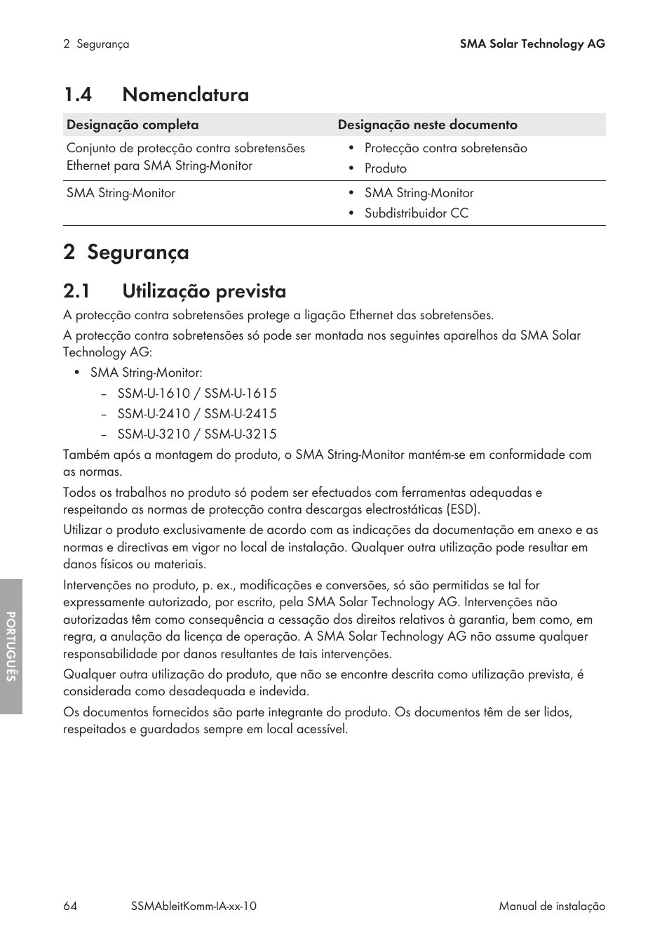 4 nomenclatura, 2 segurança, 1 utilização prevista | Nomenclatura, Segurança, Utilização prevista | SMA String-Monitors Ethernet overvoltage protection set User Manual | Page 64 / 134