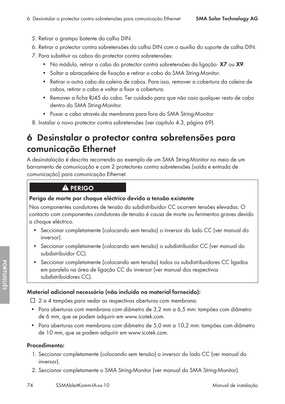 SMA String-Monitors Ethernet overvoltage protection set User Manual | Page 74 / 134