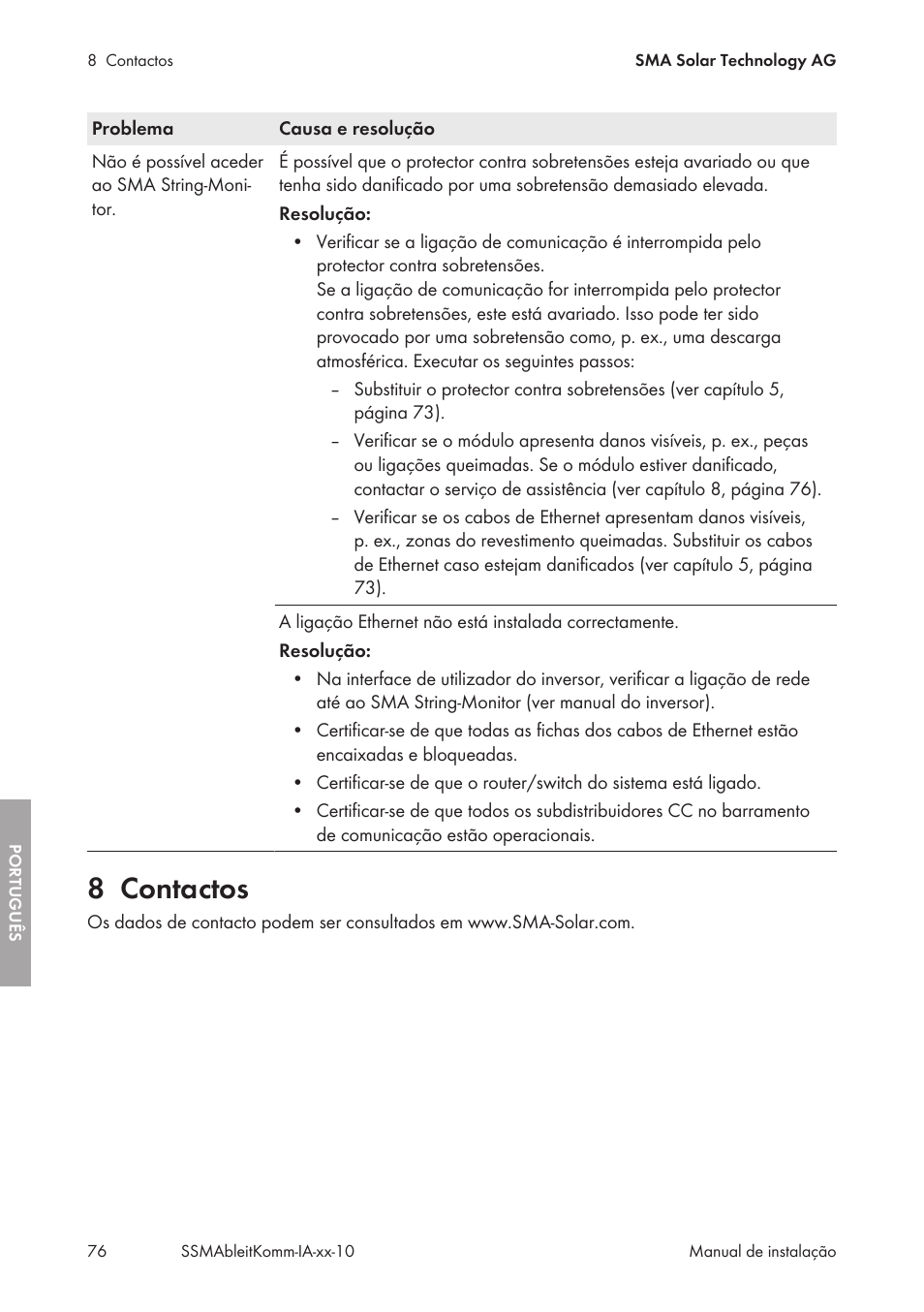 8 contactos, Contactos | SMA String-Monitors Ethernet overvoltage protection set User Manual | Page 76 / 134