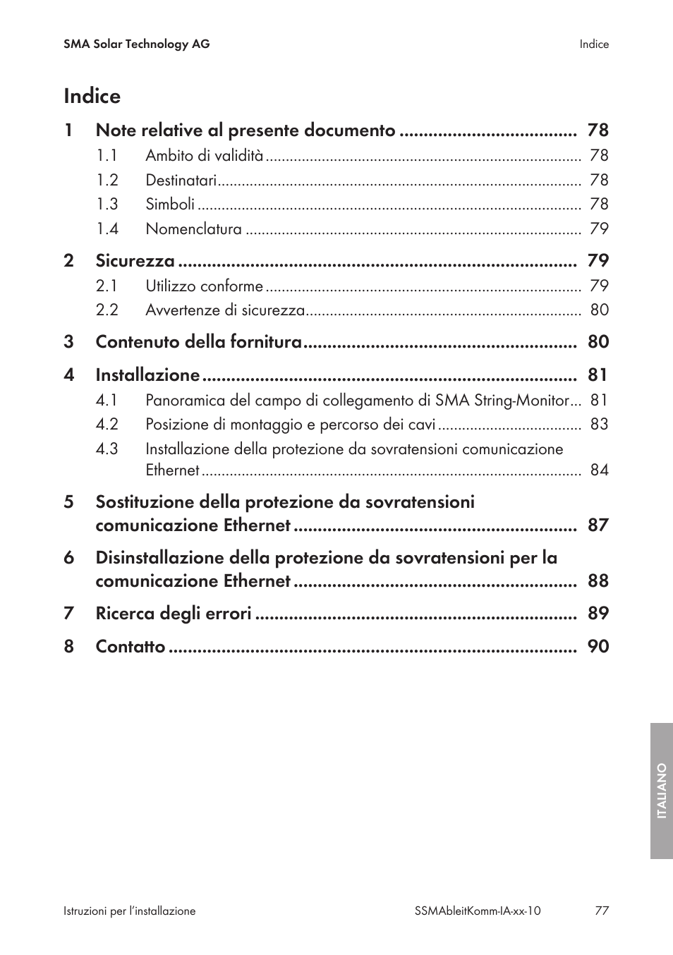 Indice | SMA String-Monitors Ethernet overvoltage protection set User Manual | Page 77 / 134