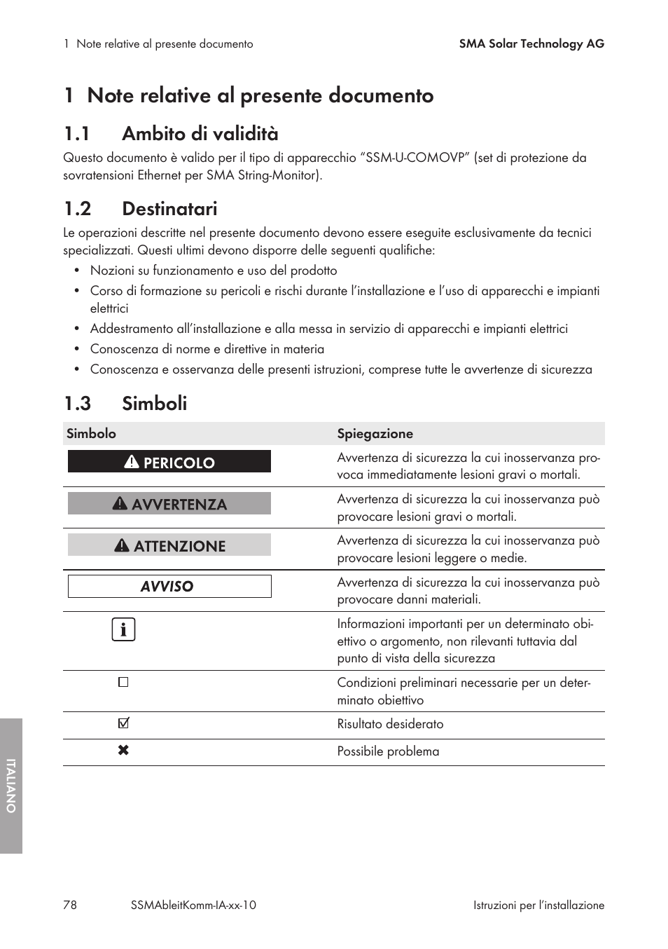 1 note relative al presente documento, 1 ambito di validità, 2 destinatari | 3 simboli, Note relative al presente documento, Ambito di validità, Destinatari, Simboli | SMA String-Monitors Ethernet overvoltage protection set User Manual | Page 78 / 134