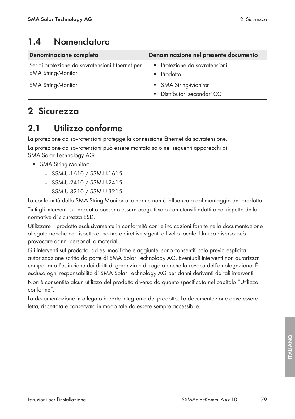 4 nomenclatura, 2 sicurezza, 1 utilizzo conforme | Nomenclatura, Sicurezza, Utilizzo conforme | SMA String-Monitors Ethernet overvoltage protection set User Manual | Page 79 / 134