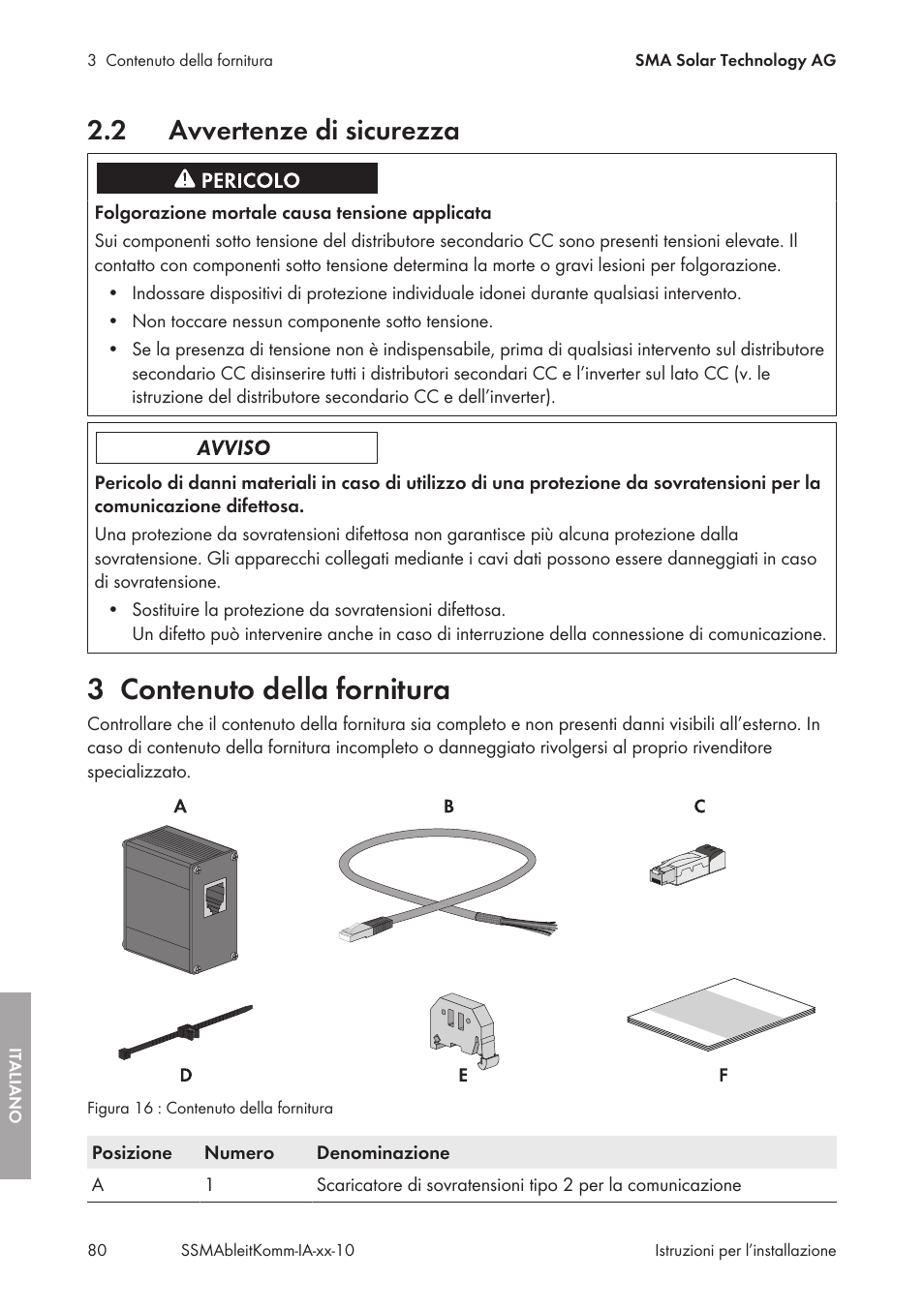2 avvertenze di sicurezza, 3 contenuto della fornitura, Avvertenze di sicurezza | Contenuto della fornitura | SMA String-Monitors Ethernet overvoltage protection set User Manual | Page 80 / 134