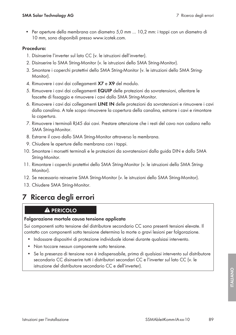 7 ricerca degli errori, Ricerca degli errori | SMA String-Monitors Ethernet overvoltage protection set User Manual | Page 89 / 134