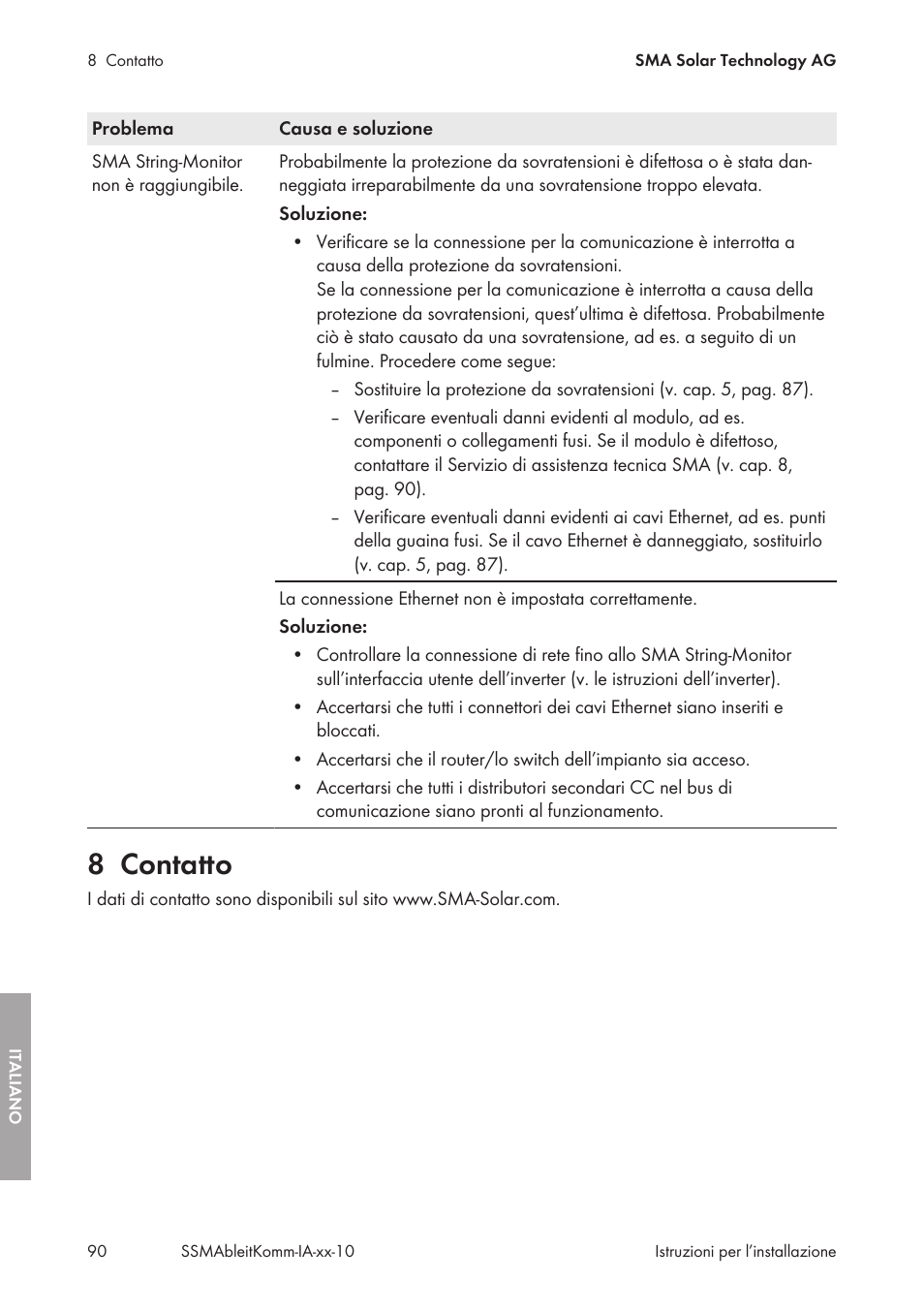 8 contatto, Contatto | SMA String-Monitors Ethernet overvoltage protection set User Manual | Page 90 / 134