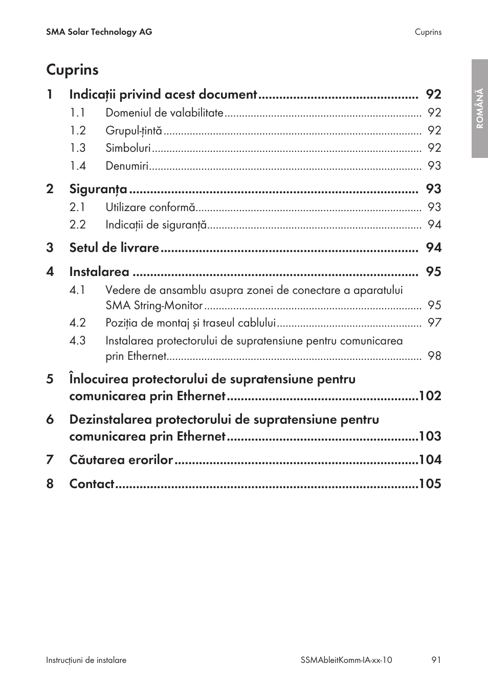 Cuprins | SMA String-Monitors Ethernet overvoltage protection set User Manual | Page 91 / 134