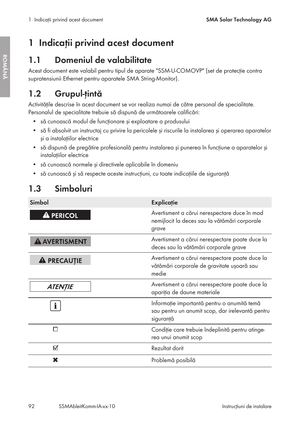 1 indicaţii privind acest document, 1 domeniul de valabilitate, 2 grupul-ţintă | 3 simboluri, Indicaţii privind acest document, Domeniul de valabilitate, Grupul-ţintă, Simboluri | SMA String-Monitors Ethernet overvoltage protection set User Manual | Page 92 / 134