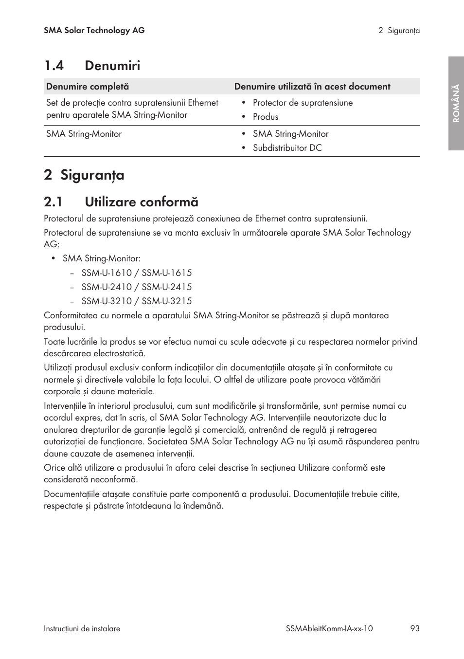 4 denumiri, 2 siguranţa, 1 utilizare conformă | Denumiri, Siguranţa, Utilizare conformă | SMA String-Monitors Ethernet overvoltage protection set User Manual | Page 93 / 134