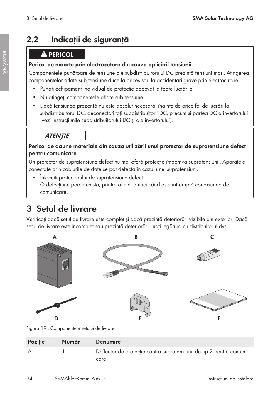 2 indicaţii de siguranţă, 3 setul de livrare, Indicaţii de siguranţă | Setul de livrare | SMA String-Monitors Ethernet overvoltage protection set User Manual | Page 94 / 134