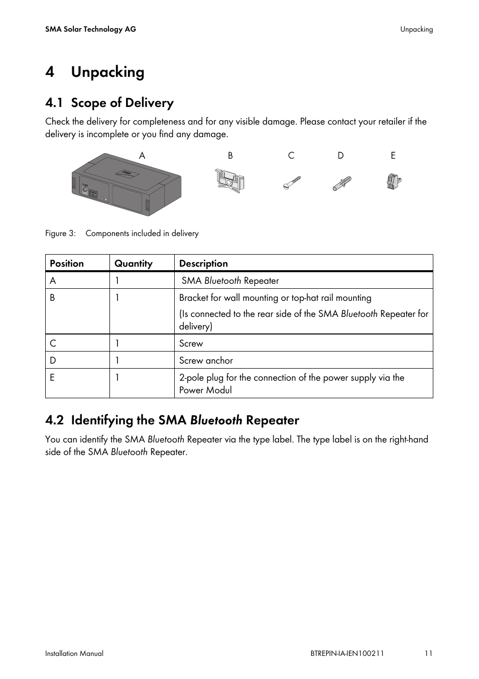 4 unpacking, 1 scope of delivery, 2 identifying the sma bluetooth repeater | Unpacking, Scope of delivery, Identifying the sma | SMA BLUETOOTH REPEATER User Manual | Page 11 / 32