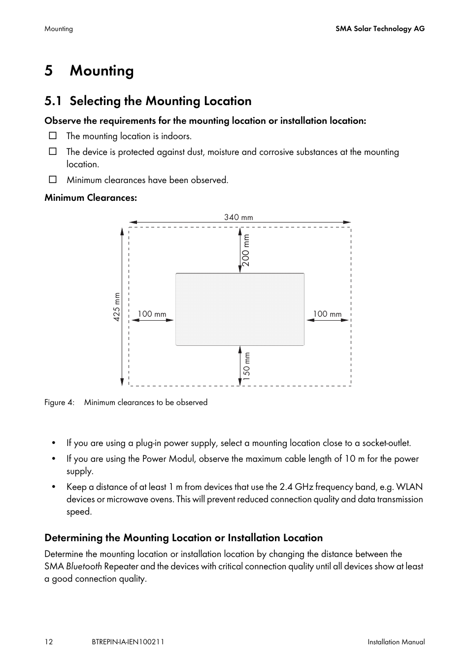 5 mounting, 1 selecting the mounting location, Mounting | Selecting the mounting location | SMA BLUETOOTH REPEATER User Manual | Page 12 / 32