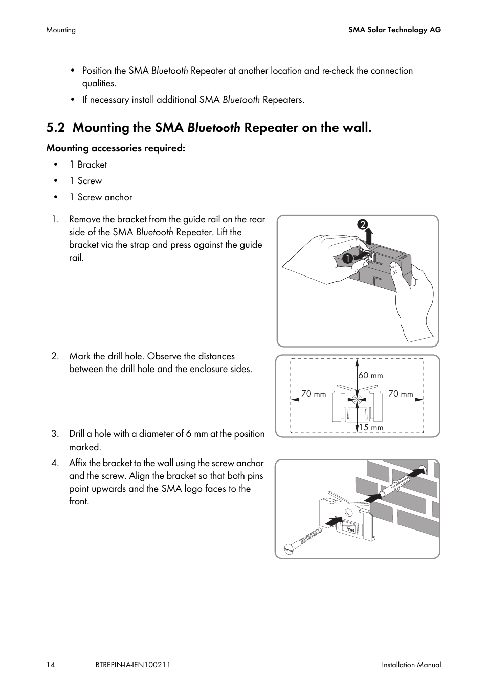 2 mounting the sma bluetooth repeater on the wall, Mounting the sma b | SMA BLUETOOTH REPEATER User Manual | Page 14 / 32
