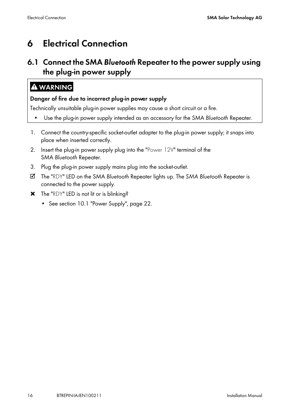 6 electrical connection, Electrical connection, Connect the sma | SMA BLUETOOTH REPEATER User Manual | Page 16 / 32