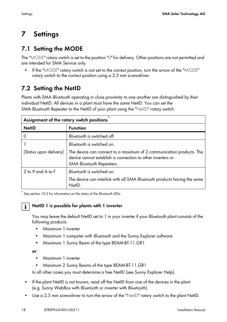 7 settings, 1 setting the mode, 2 setting the netid | Settings, Setting the mode, Setting the netid, 2 "setting the | SMA BLUETOOTH REPEATER User Manual | Page 18 / 32