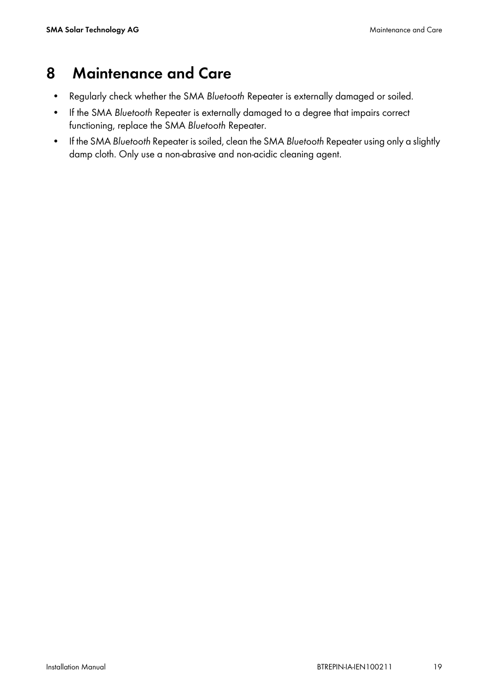 8 maintenance and care, Maintenance and care | SMA BLUETOOTH REPEATER User Manual | Page 19 / 32