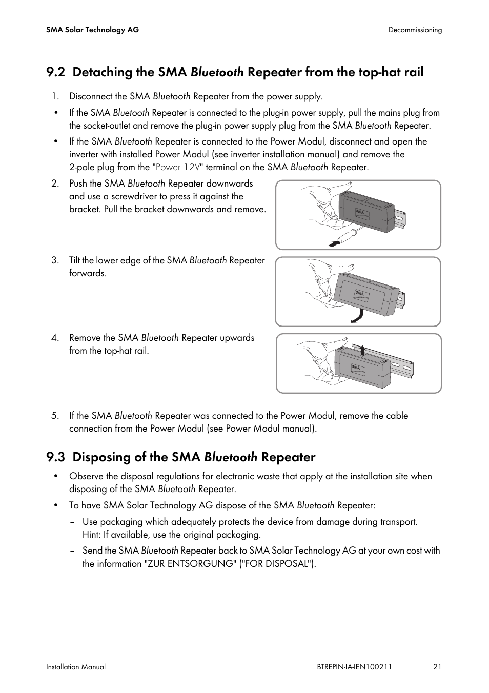 3 disposing of the sma bluetooth repeater, Detaching the sma, Disposing of the sma | SMA BLUETOOTH REPEATER User Manual | Page 21 / 32
