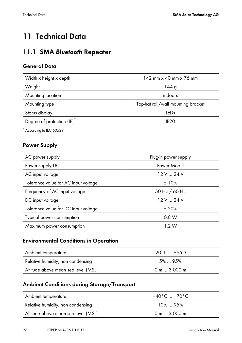 11 technical data, 1 sma bluetooth repeater, Technical data | Sma bluetooth | SMA BLUETOOTH REPEATER User Manual | Page 26 / 32