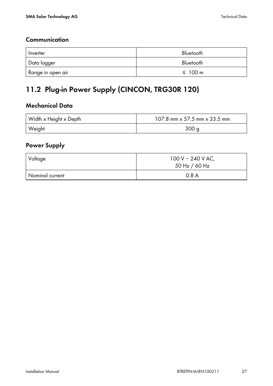 2 plug-in power supply (cincon, trg30r 120), Plug-in power supply (cincon, trg30r 120) | SMA BLUETOOTH REPEATER User Manual | Page 27 / 32