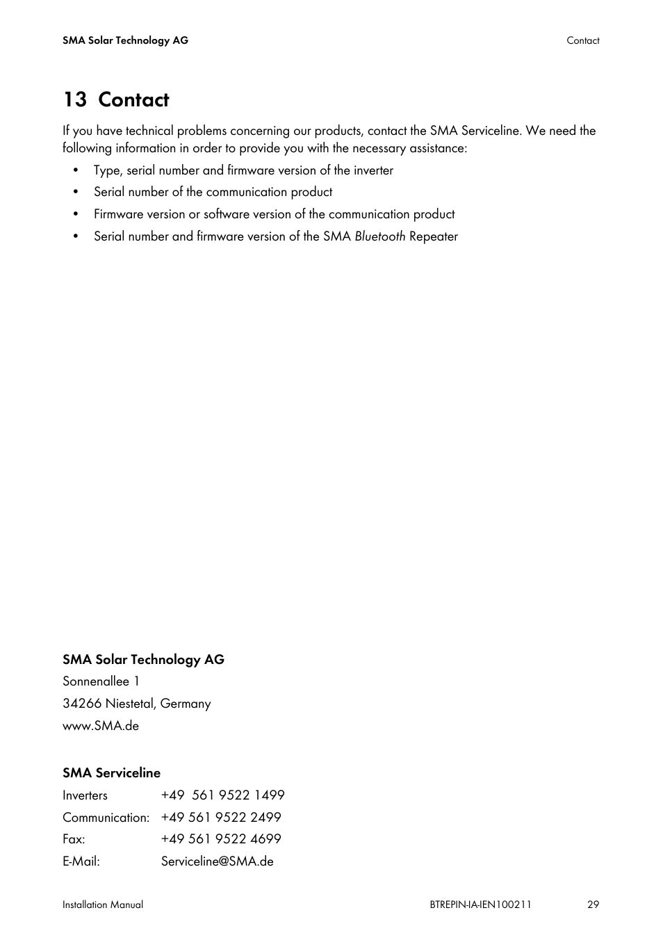 13 contact, Contact | SMA BLUETOOTH REPEATER User Manual | Page 29 / 32