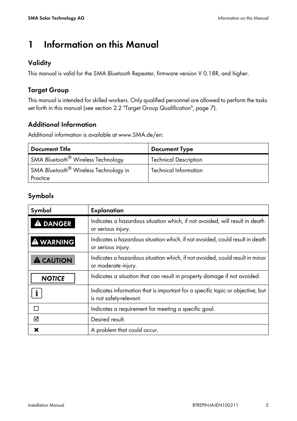 1 information on this manual, Information on this manual | SMA BLUETOOTH REPEATER User Manual | Page 5 / 32