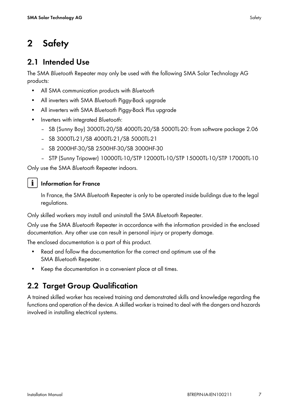 2 safety, 1 intended use, 2 target group qualification | Safety, Intended use, Target group qualification | SMA BLUETOOTH REPEATER User Manual | Page 7 / 32