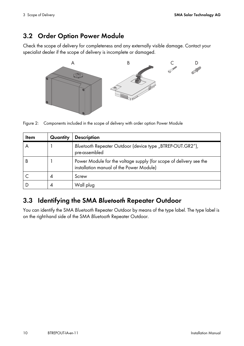 2 order option power module, 3 identifying the sma bluetooth repeater outdoor | SMA BLUETOOTH REPEATER OUTDOOR User Manual | Page 10 / 36