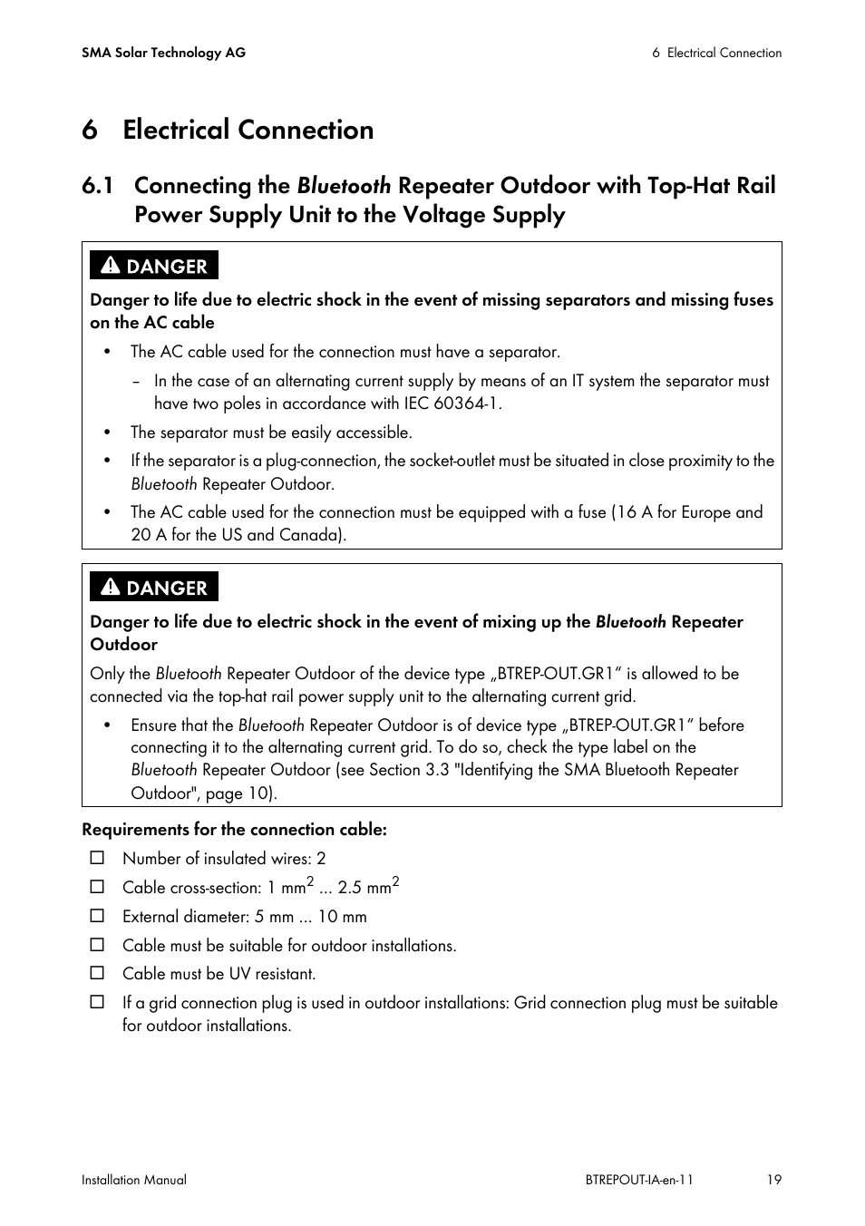 6 electrical connection, 1 connecting the | SMA BLUETOOTH REPEATER OUTDOOR User Manual | Page 19 / 36